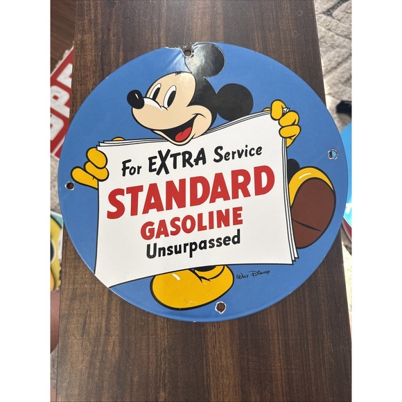 VINTAGE STANDARD GASOLINE PORCELAIN SIGN OIL GAS STATION PUMP PLAT DISNEY MICKEY